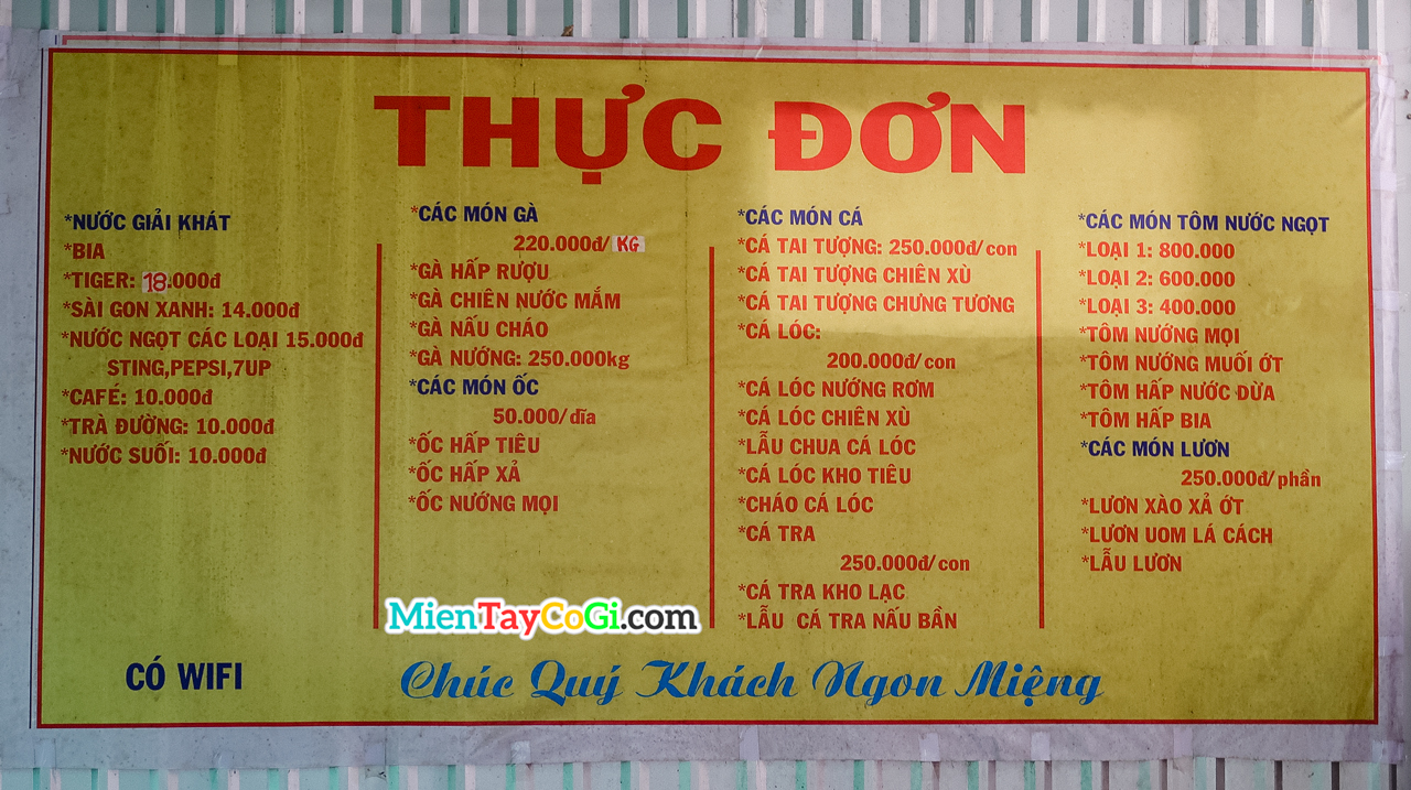 Food menu at the Tam Trong in May island tourist site