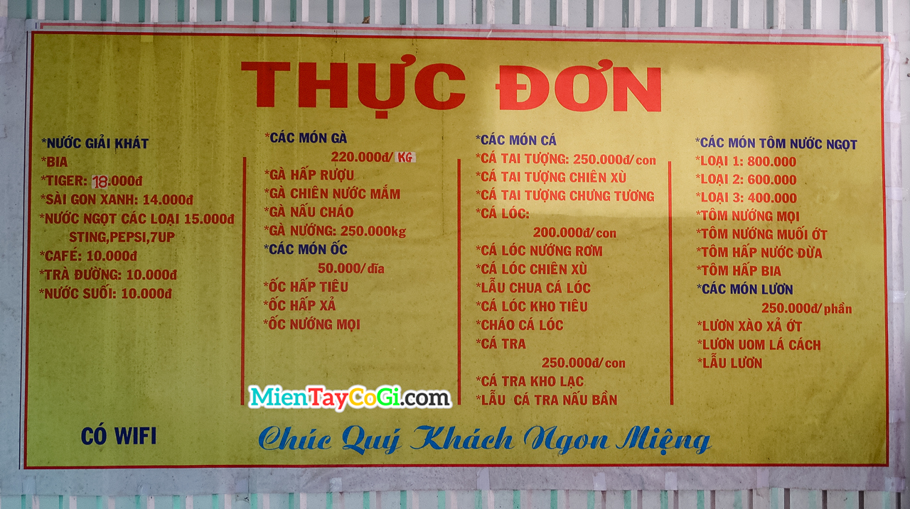 Menu đồ ăn ở kdl cù lao Mây Tám Trong