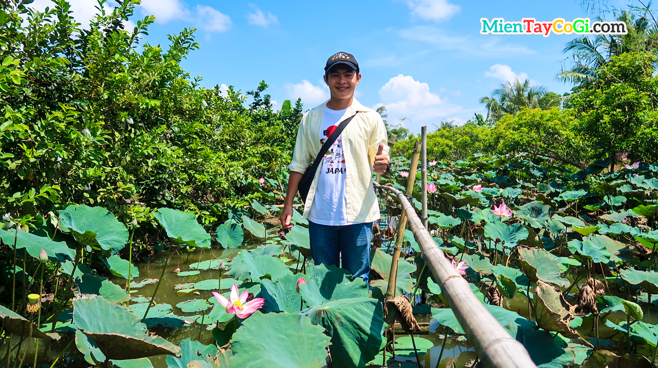 Khách du lịch hào hứng tham quan ao sen Cồn Sơn