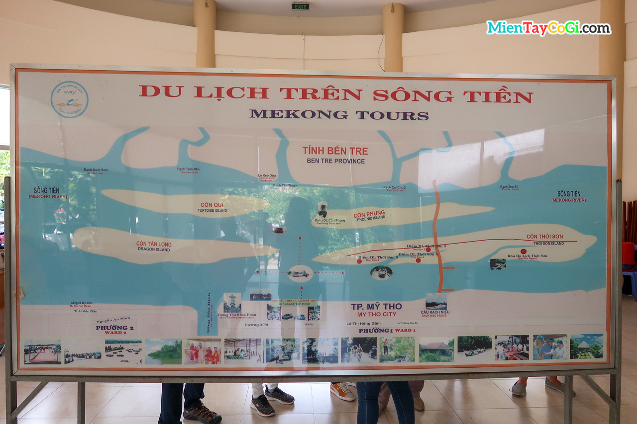 Map of Tien River tourism at the pier to Con Phung Con Thoi Son