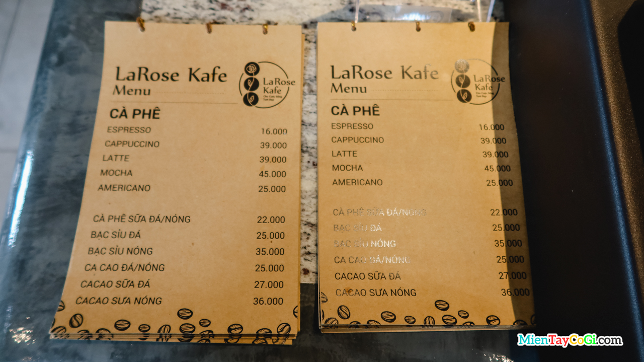 Menu quán cafe La Rose Cần Thơ