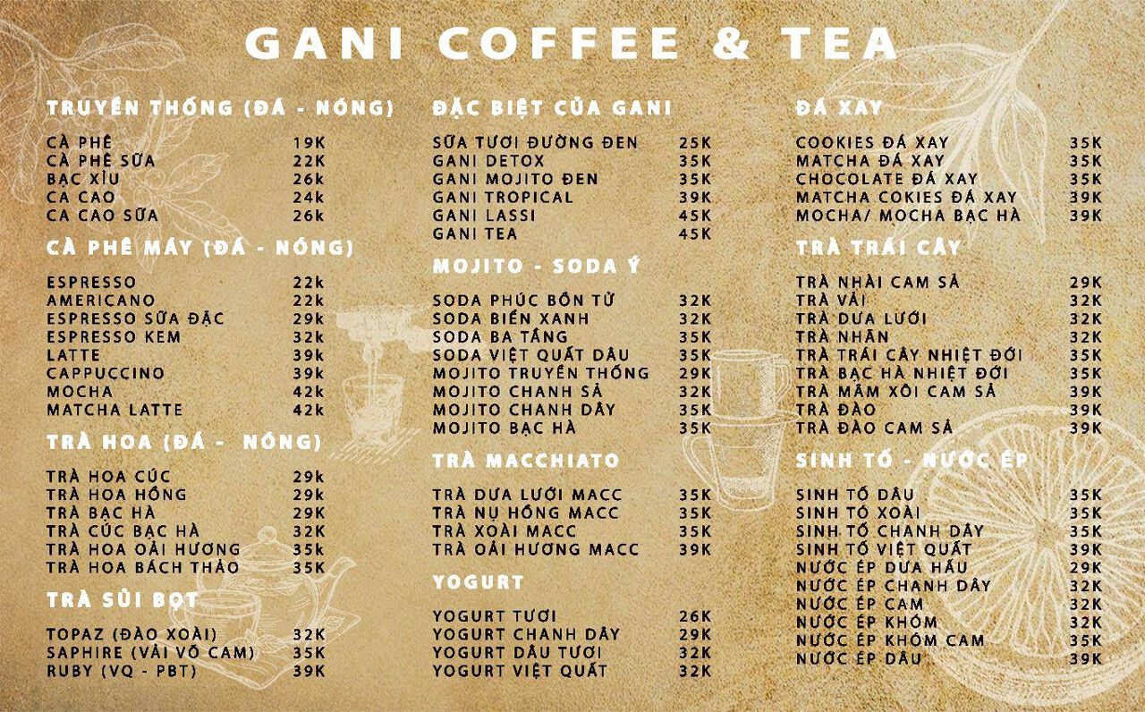 Menu Gani Coffee House Cần Thơ